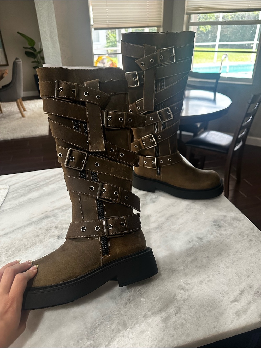 Zara Brown Buckled Knee-High Combat Boots - Picture 3 of 5